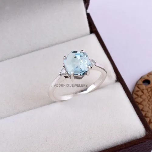 Miniatura 10 de Anillo de plata de ley 925 para mujer, anillo de diamantes de imitación de aguamarina de plata esterlina, anillo Art Deco de marzo, piedra natal