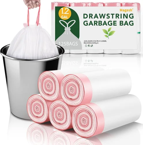 Magesh - Bolsas de basura de 1.2 galones con cordón para baño, 125 unidades, mini bolsa de basura pequeña, sin perfume, de plástico grueso y fuerte