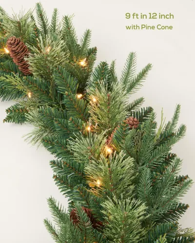 Miniatura 2 de Guirnalda de Navidad preiluminada de 9 pies con 50 luces LED, funciona con pilas, decoración de vacaciones, escaleras, pared, manto de puerta, Verde