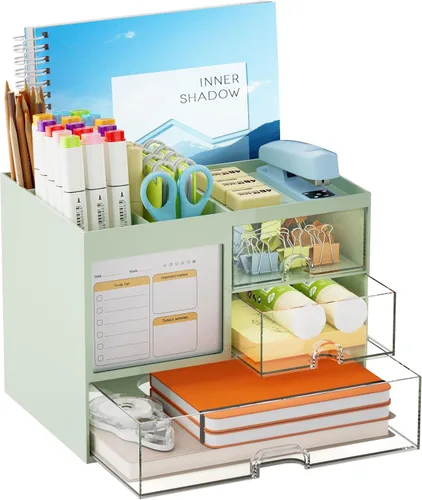 Miniatura 13 de Marbrasse Organizador de Escritorio con 3 Cajones, Soporte Multifuncional para Lápices y Bolígrafos para Escritorio, Organizador de Escritorio