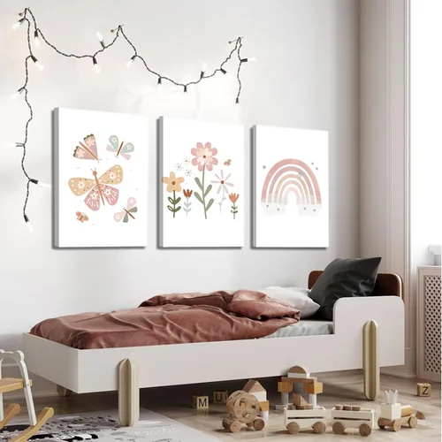 Miniatura 5 de Lienzo bohemio rosa para cuarto de bebé, arte de pared para habitación de niños, decoración de pared, diseño de flores de mariposa para niños