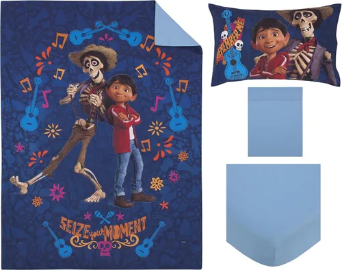 Miniatura 8 de NoJo Disney Coco - Juego de cama para niños de 4 piezas, azul marino, naranja y azul claro, Aprovecha Tu Momento - Incluye edredón, sábana bajera
