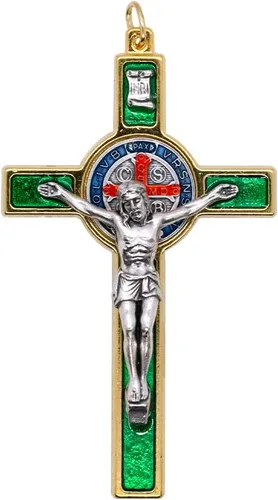 Miniatura 6 de Colgante de crucifijo de San Benito, base dorada con detalles de esmalte de colores, 3.25 pulgadas de alto, patrón de los estudiantes, gran regalo