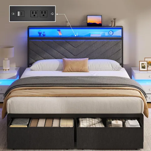 Miniatura 8 de Fluest Base de cama Queen con 2 cajones, cabecera tapizada con estación de almacenamiento y carga, luces LED, cajones de tela con ruedas