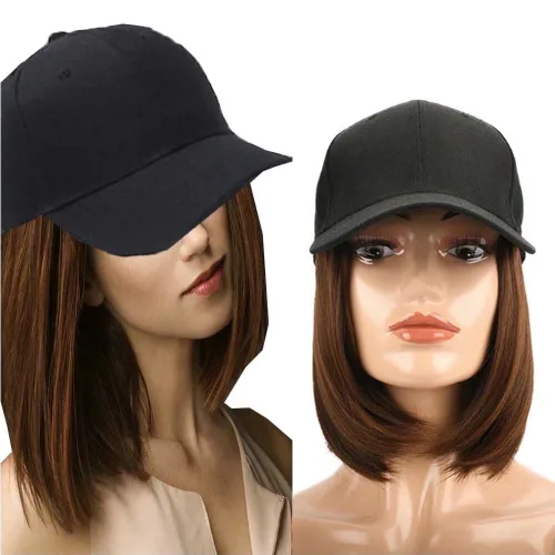 Miniatura 17 de Extensiones de cabello sintético Bobo corto con gorra de béisbol negra de 9 pulgadas, peluca con gorro de cabello negro y marrón para mujer, peluca