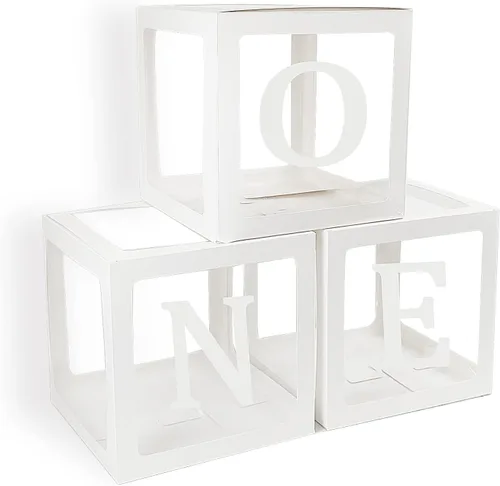 Cajas de globos de primer cumpleaños para niño o niña con letras "ONE" individuales, tres cajas cuadradas blancas transparentes para decoración de