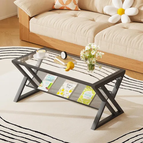 Miniatura 16 de Mesa de café Wolawu de vidrio negro para sala de estar, mesa central rectangular moderna con marco de metal resistente, mesa de té de vidrio