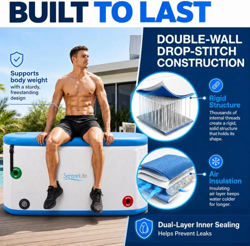 Miniatura 3 de SereneLife Bañera de inmersión fría inflable aislada – Tina de baño de hielo para una persona con tapa, cápsula de recuperación de terapia