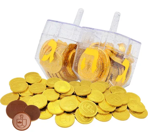 Miniatura 9 de The Dreidel Company Paquete de 6 Dreidel rellenos de monedas de gel de chocolate de Hanukkah, gelt de leche de Janucá, con menorá y diseño Dreidel