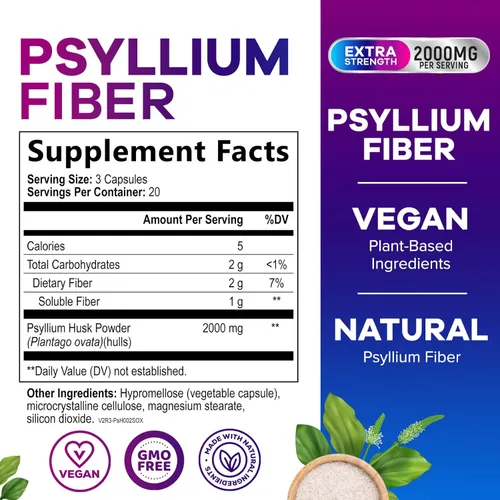 Miniatura 2 de Polvo de cáscara de psyllium de 2000 mg por porción, suplemento de fibra soluble para salud digestiva diaria y apoyo a la regularidad, cápsulas
