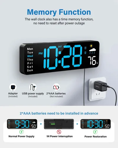 Miniatura 5 de Reloj de pared digital, reloj digital con pantalla grande con control remoto, despertador LED con cable con fecha, semana, temperatura, humedad, DST