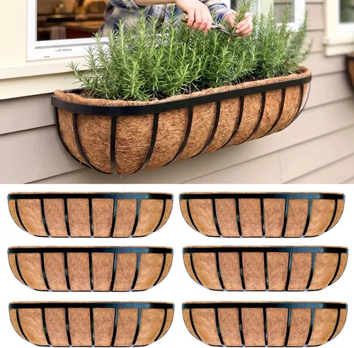 LaLaGreen - Cajas de plantador para barandillas de terraza (61 cm, paquete de 6) Macetas de pared de metal para plantas al aire libre, color negro,