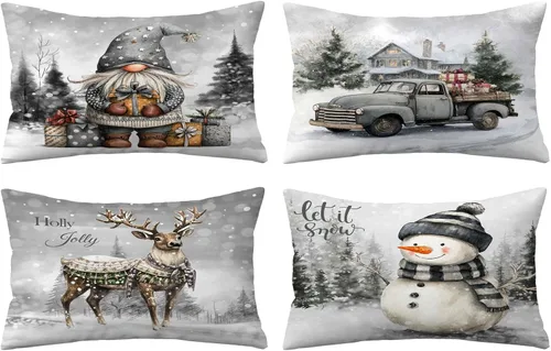 Miniatura 28 de Fundas de Almohada Feliz Navidad 12x12 Juego de 4 Fundas de Almohada de Terciopelo de Navidad Rosa Navidad Invierno Vacaciones Fundas de Almohada