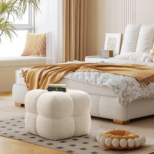 Miniatura 9 de ONEVOG Otomana moderna beige, puf otomana cuadrado divertido de 21 pulgadas, reposapiés tapizado de tela de lino, mesa de centro pequeña
