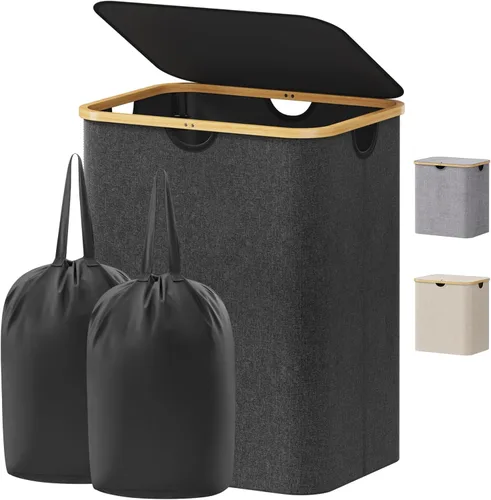 Miniatura 34 de Lifewit - Cesta de ropa sucia de 100L con tapa, cestos para la ropa con asas de bambú y una bolsa extraíble, cesto grande plegable para la ropa