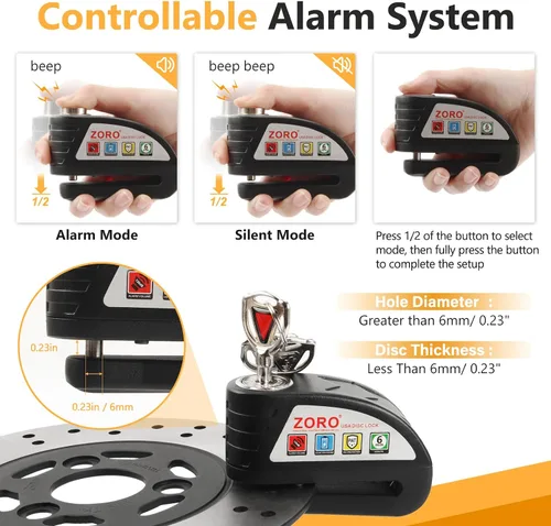 Miniatura 5 de Cerradura de motocicleta, bloqueo de freno de disco con alarma de 130 DB, cerraduras de motocicleta resistentes antirrobo, alarma de motocicleta