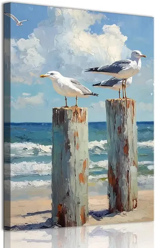Miniatura 11 de 2 lienzos enmarcados para pared, impresiones artísticas de gaviotas volando sobre olas del océano, póster de pintura náutica costera, galería