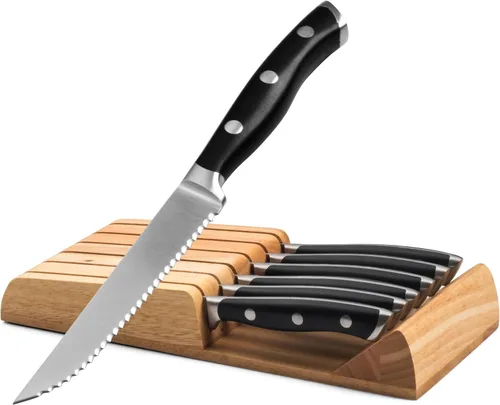Miniatura 15 de Alata Juego de cuchillos para carne de 8 piezas, 4.7 pulgadas con borde dentado, cuchillos afilados para cena, construcción de espiga completa Negro