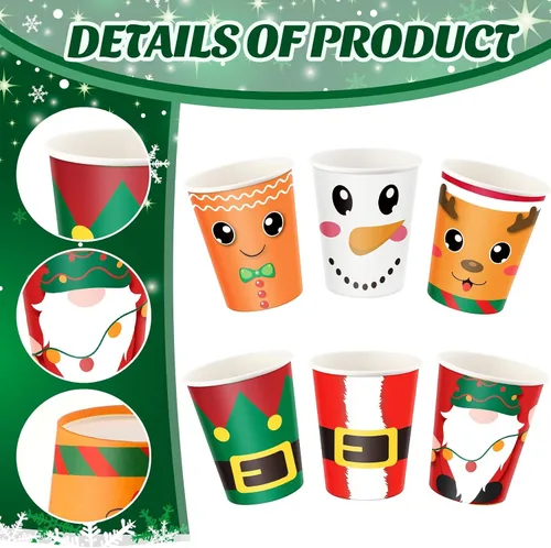 Miniatura 2 de Zhehao 300 vasos de papel de Navidad de 9 onzas, desechables, 6 estilos, pan de jengibre, Papá Noel, elfo, muñeco de nieve, alce, enano, tazas