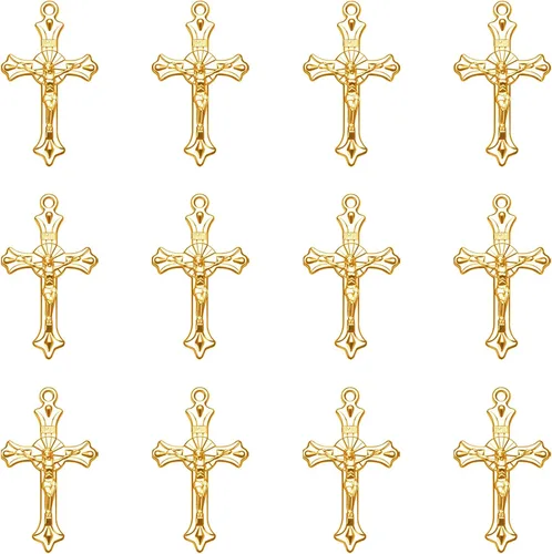60 dijes chapados en oro de cruz cristiana de Jesús Crucifijo religioso chapado en oro para hacer joyas, colgantes, collares, pulseras, llaveros,