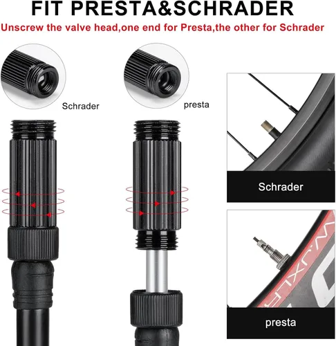 Miniatura 4 de CXWXC Bomba de bicicleta portátil - Mini bomba de bicicleta con manómetro se adapta a válvulas Presta y Schrader - Bomba de aire para bicicleta