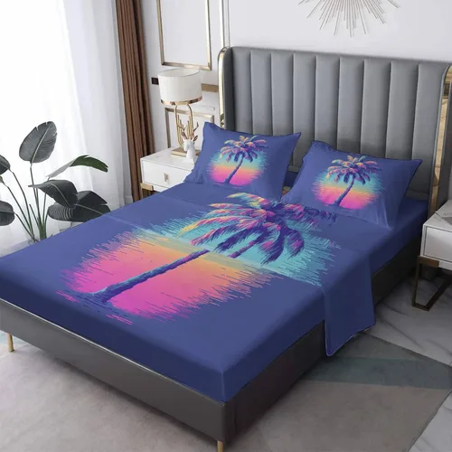 Miniatura 7 de Juego de sábanas de 3 piezas con diseño de palmera de hojas verdes, sábanas y fundas de almohada estampadas, sábana bajera ajustable de microfibra