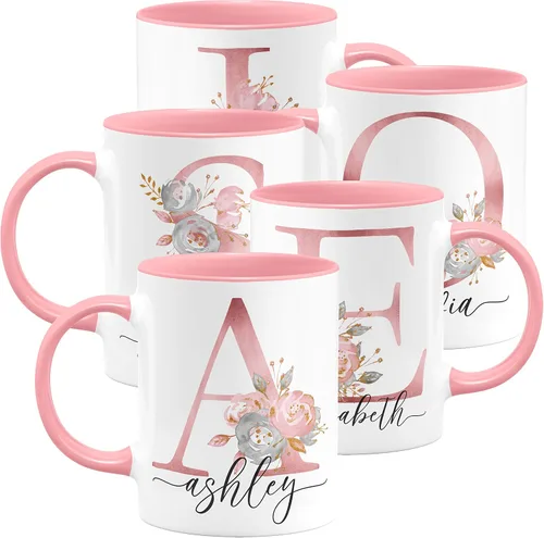 Miniatura 3 de Taza de café personalizada, regalo para mujeres, taza de café personalizada con nombre e inicial, 11 onzas, rosa, taza de cerámica personalizada