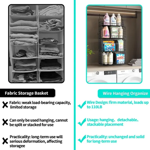 Miniatura 7 de HapiRm Organizador de armario colgante – 4 estantes apilables de metal con divisores y ganchos en S, estantes plegables para ropa, pantalones, Negro
