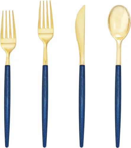 Supernal 180 cubiertos de plástico dorado y azul, cubiertos de plástico dorado con mango de purpurina azul, cubiertos desechables para fiestas,