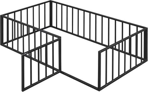 Miniatura 5 de Cama de suelo de tamaño individual para niños, camas Montessori con rieles y puerta, marco de cama de metal con valla para niños y niñas, color negro