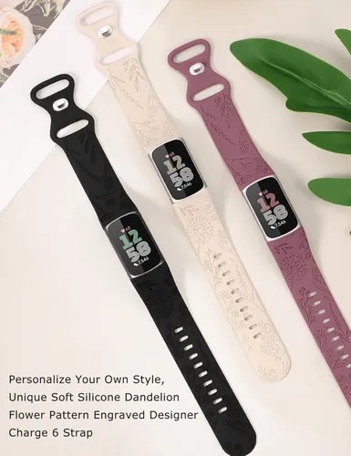 Miniatura 2 de Minyee Paquete de 3 bandas grabadas florales compatibles con Fitbit Charge 6 bandas/Fitbit Charge 5 bandas para mujer, lindo diseño de flores