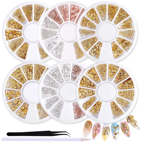 6 cajas de decoración de uñas 3D de metal clavos clavos de uñas de colores mixtos geometría en forma de estrella y luna kit de manicura con 1 pinza