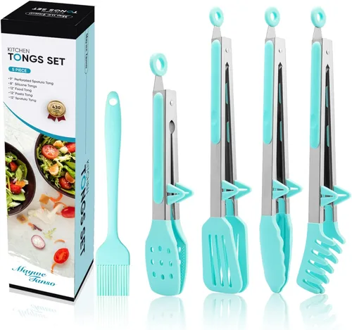 Paquete de 5 pinzas de silicona para cocinar, Maywe Tanso 4 piezas pinzas de cocina de 13 pulgadas con puntas de silicona, pinzas de acero Azul 5