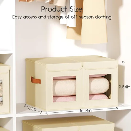 Miniatura 7 de Homsorout Contenedores grandes de almacenamiento para armario, organizador de ropa plegable dividido con tapas y doble ventana, contenedores Beige