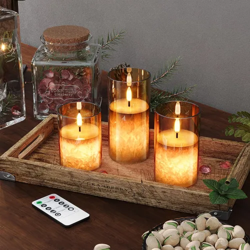 Miniatura 7 de VIODAIM Velas de cera real de cristal de hielo sin llama con control remoto y temporizador, velas operadas por baterías con llama parpadeante Dorado