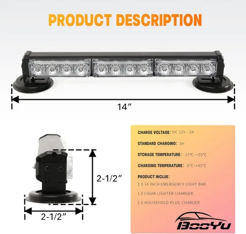 Miniatura 7 de Barra de luces estroboscópicas de emergencia alimentada por batería de 14 pulgadas para camión, vehículo, remolque, recargable, para carretera