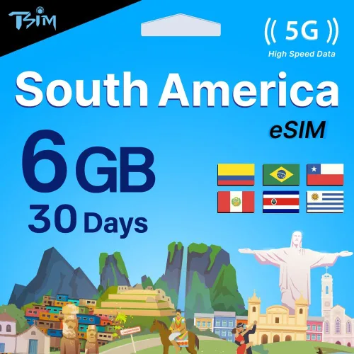 Miniatura 8 de TSIM South America SIM Card 30 Day 6 GB Internet in 5G/4G/LTE (Data Sharing Allowed) Use in Brazil, Chile, Colombia, Peru, Uruguay & Costa Rica