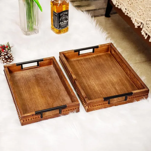 Miniatura 10 de Juego de 2 bandejas de servir de madera rústica, bandejas decorativas rectangulares marrones estilo granja, tablas de charcutería, plato