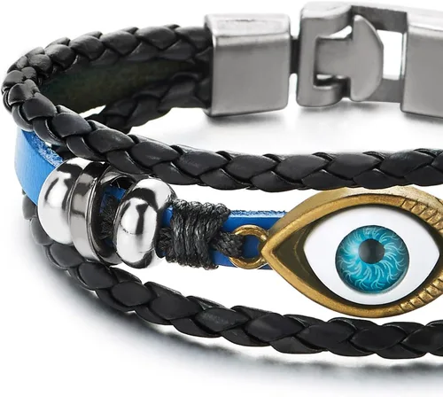 Miniatura 4 de COOLSTEELANDBEYOND Pulsera de tres filas de cuentas de cuero contra el mal de ojo para hombre y mujer