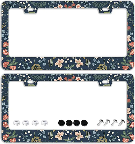 Marcos para placa de matrícula con flores coloridas - Juego de 2 piezas, 2 agujeros, de acero inoxidable, accesorios para auto, decoración, tamaño
