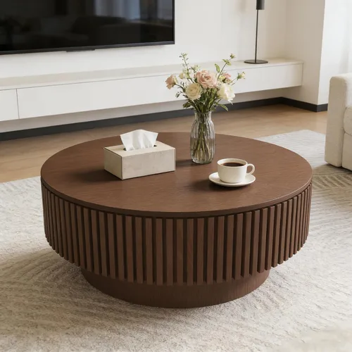 Miniatura 6 de Mesa de centro redonda con almacenamiento, mesas de centro de madera acanalada modernas con base resistente, mesa de té central circular de tambor
