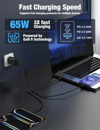 Miniatura 3 de Paquete de 2 bloques de cargador de pared USB C de 65 W, adaptador de carga USB C de 3 puertos de 100 W tipo C de carga súper rápida para MacBook