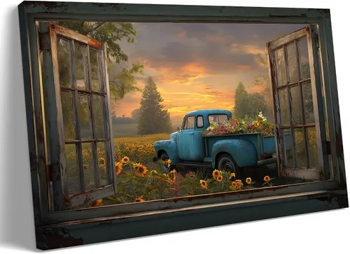 Miniatura 30 de Decoración rústica de granja en lienzo con ventana abierta, impresiones artísticas para pared, pintura de camión viejo, lienzo de granero y bandera