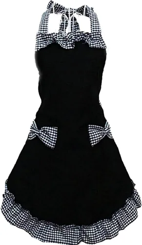 Miniatura 6 de Violet Mist Lindos delantales negros para mujeres con bolsillos, delantales vintage retro elegantes para niñas con lazo, vestido sexy de los años