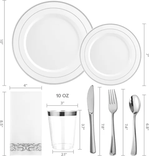 Miniatura 2 de FOCUSLINE Juego de vajilla plateada de 175 unidades para 25 invitados, platos de plástico desechables con borde plateado resistente, incluye 25