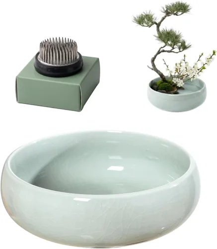 Water Lotus - Juego de maceta de tazón de compota japonesa con rana floral de 1.8 pulgadas, ideal para Ikebana, arreglo floral y plantación Celadón