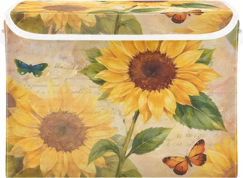 Miniatura 2 de SUABO Contenedor de almacenamiento vintage de girasol y mariposa con tapa, cajas de almacenamiento grandes de tela Oxford, plegables para el hogar