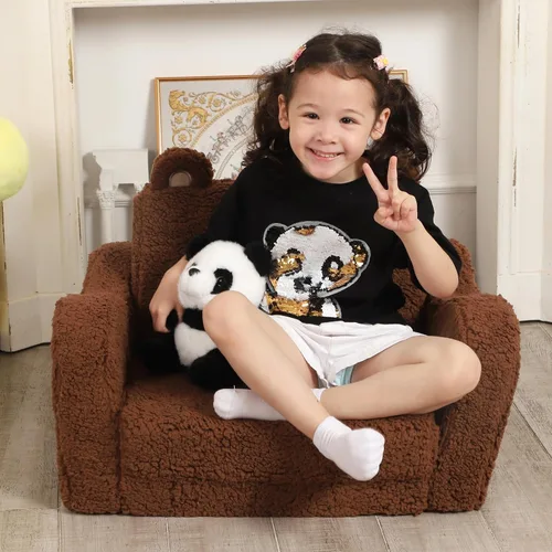 Miniatura 4 de MOMCAYWEX Sofá para niños, sofá de espuma abatible 2 en 1, silla de juego suave para niños pequeños y niños, color marrón
