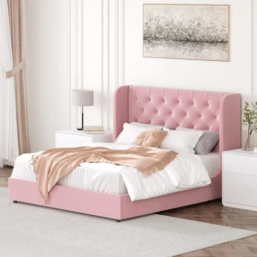 Miniatura 13 de HOMBCK - Marco de cama tamaño completo, base de cama tapizada en plataforma gris con cabecero, terciopelo acolchado, diseño de ala curvada, listones