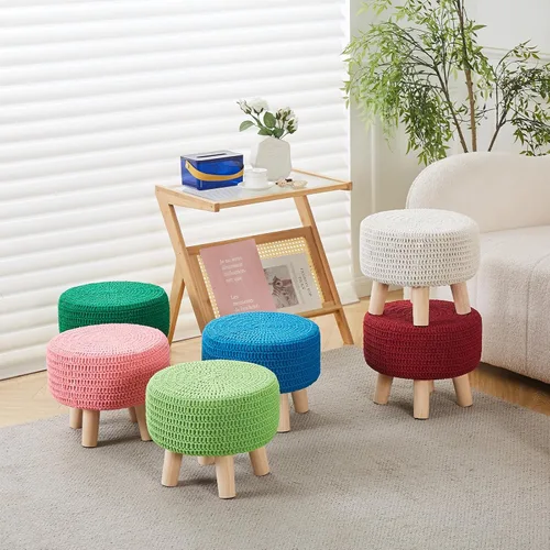 Miniatura 7 de Wimarsbon Puf otomano, taburete bohemio de punto 100% algodón, reposapiés redondo con patas de madera antideslizantes, decoración del hogar, puf